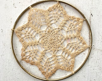 Vintage Crochet Doily in Metal Ring Art, Window Wall Art, Home Decor, Antique Mandala Creative, Farmhouse Neutral Off White Gold Decor