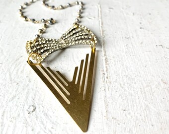 Necklace of Vintage Rhinestone Bow and Raw Brass V Pendant on Silver Metallic Bead Chain for a One of a Kind Statement