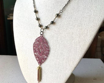 Burgundy Wine Filigree Feather Leaf Necklace with Mixed Metal Chain Tassel, Silver Pewter Glass Beads on Antique Brass Chain, Short Necklace