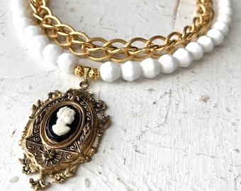 MultiStrand Black and White Cameo Necklace, Vintage Pendant, Chunky Gold Chain, and White Faceted Beads, Beaded Double Strand Statement