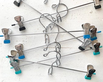 Vintage Midcentury Silver Metal Clip Clothing Hangers, Rubber Dipped and Tipped, Aqua Blue or Black, Art Print Painting Hanger, Organization