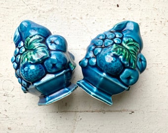 Vintage Inarco Salt & Pepper Shakers, Indigo Blue Mood, Porcelain Ceramic, Japan E-2371, Plastic Stoppers, Blue Period, Fruit Bowl