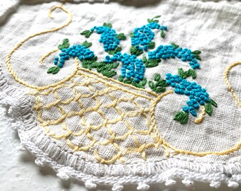 Sweet Vintage Pair of Flower Filled Urns Embroidery Vanity Dresser Scarves, Blue Flowers, Yellow Urns, Thread Crochet Border, Antique Linens