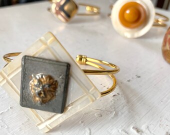 Cuff Bracelets, Vintage Button Findings, Gold Tone, Lion, Mother of Pearl, Bakelite, Antique Metal, One of a Kind, Arm Party, Warms