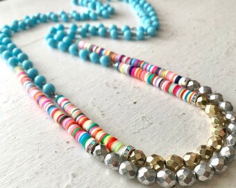 Blue Indie Rainbow Beaded Necklaces, Polymer Sequins, Vintage Blue Beads Midcentury Japan, Silver or Gold Glass, Colorful Summer Jewelry