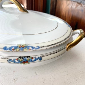 Vintage Noritake China Glenora Covered Serving Dish, Oval Vegetable, 1920s Morimuro, Ivory Gold Black Border, Blue,Floral, Mix-n-Match Table
