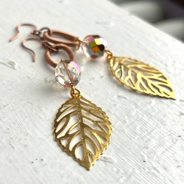 Brass Leaf Dangle Earrings, Pink Copper Crystals, Silk Thread Chain Links, Copper Ear Wires, Lightweight Long Drop Earrings