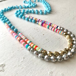 Blue Indie Rainbow Beaded Necklaces, Polymer Sequins, Vintage Blue Beads Midcentury Japan, Silver or Gold Glass, Colorful Summer Jewelry