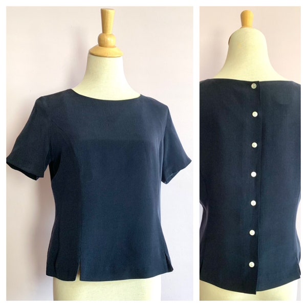 Size 10 Medium Vintage Navy Blue Silk Blouse, 1990s Talbots Petites, Short Sleeve, Cutouts at Hem for Peplum Flare, White Buttons Down Back