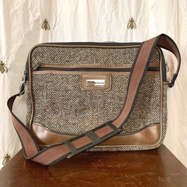 1980s American Tourister Tweed Luggage, Carry On Shoulder Bag, Black and Brown, Unisex, Overnight Getaway, Laptop Bag, Business or Pleasure