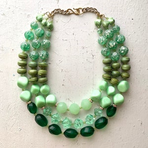 Green with Envy Triple Strand Statement Necklace, Vintage Acrylic Beads, Art Glass, and Rhinestones, Transparent, Translucent, Opaque