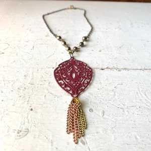 Burgundy Wine Filigree Feather Leaf Necklace with Mixed Metal Chain Tassel, Silver Pewter Glass Beads on Antique Brass Chain, Short Necklace image 2