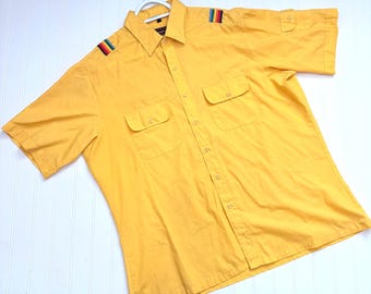 Vintage Mens Yellow Button Down Aviator Shirt, Rainbow Shoulder Detail, Size XL, 1980s