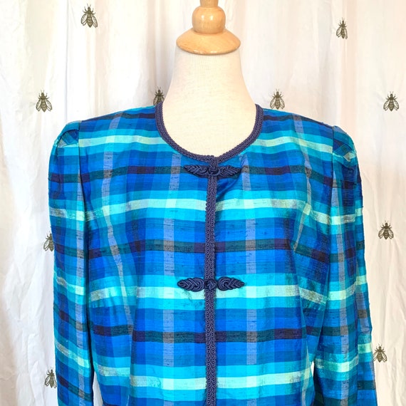Size 18 XL Vintage Womens Blue Plaid Silk Blazer … - image 2