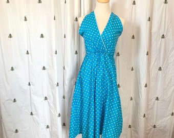 Size Small Vintage Blue and White Polka Dot Halter Dress, White Dots and Piping, Below the Knee, Elastic Back and Waist, Pockets too!