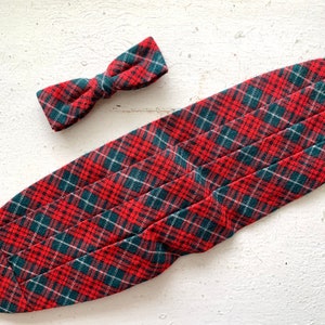 Vintage Red Plaid Bow Tie Cummerbund Set, Green White Red Plaid, Clip on, Mens Small Medium, Formal Tuxedo Dress Fun Christmas Party