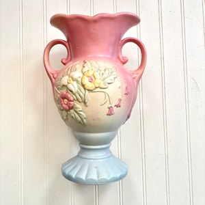 Vintage Hull Art Pottery, Wildflower Handles Vase, Pink, Blue, Yellow Pattern W14, Large 10 1/2 Inches Tall, Midcentury 1940s, Made in USA