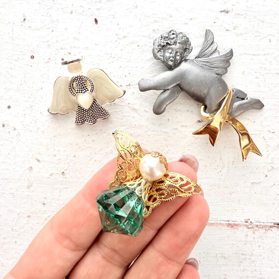 Vintage Christmas Brooches, Set of  3 Heavenly Angels, Green Gem, Silver and Gold, White Halo, Holiday Pins View 5