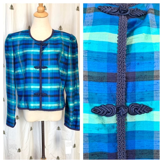 Size 18 XL Vintage Womens Blue Plaid Silk Blazer … - image 1