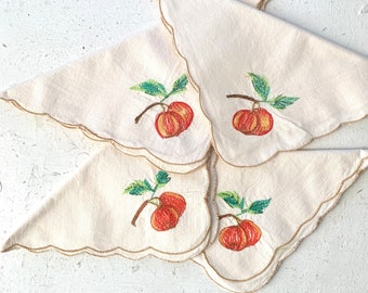 Vintage Linen Napkins, Hand Embroidered Fruit, Apple Peach, Set of Four, Table Setting, Kitchen Dining Home Decor