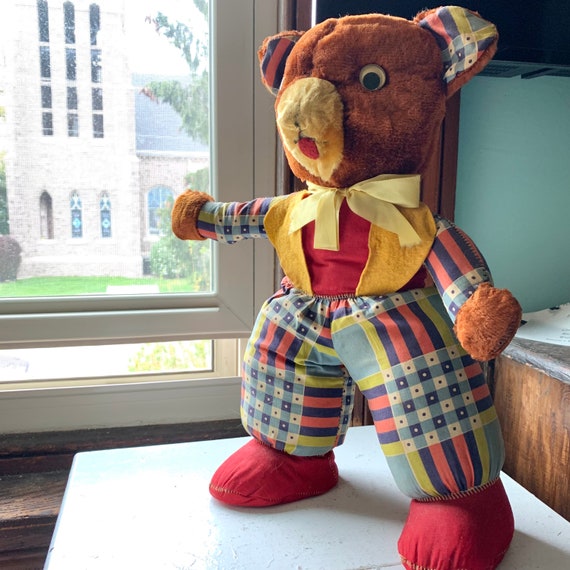 Vintage Brown Teddy Bear, Midcentury Plaid Outfit Gund Cubbi Style