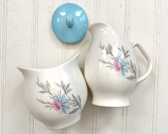 Vintage Pink Blue Gray Cream and Sugar, Steubenville Fairlane Floral Pattern, Midcentury Modern Kitchen Home Decor, Coffee Talk, Tea Time