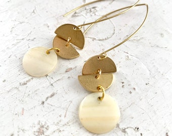 Raw Brass Shell Earrings, Gold Raw Brass Geometric Links with Vintage White Shell Coin Drops, Gold Brass Oversized Ear Wire, Light and Swing