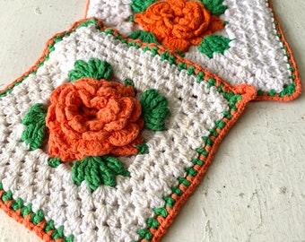 Vintage Orange Flower Doily Hot Pads, Pair of square Trivets, Midcentury Crochet linens, Grandmom's Kitchen Pot Holders, Orange Green White