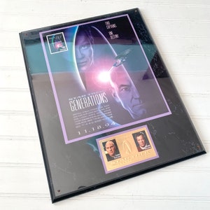 Vintage Star Trek Generations Movie Plaque, 1994, Wall Art, Certificate, Captain Kirk and Picard, Guyana Stamps, Trekkie Gift