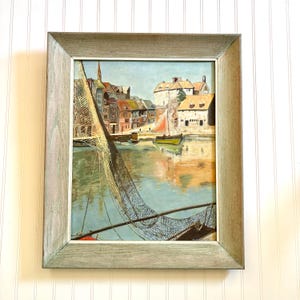 Vintage Fishing Village Painting, Seaside Village Landscape, Fishing Net, Boats, Gray Wood Frame, Wall Art, Signed by Artist Mallen, 1960