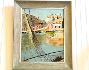 Vintage Fishing Village Painting, 1960s Seaside Landscape, Signed Mallen