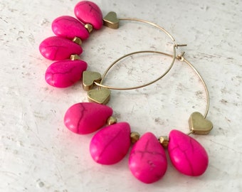 Boho Pink Howlite Teardrops, Gold Hoop Earrings, Faceted Gold Metal Beads, Gold Tone Hoops Statement Earrings