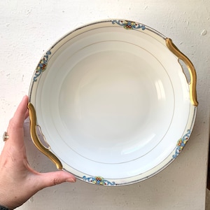 Vintage Noritake China Glenora Round Serving Bowl, Round Vegetable, 1920s Morimuro, Ivory Gold Black Border, Blue,Floral, Mix-n-Match