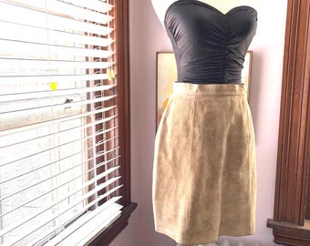 Vintage Suede Leather Mini Skirt, Beige, Opera, Size Small Medium