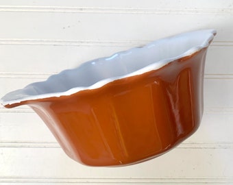 Vintage Baking Dish French Cooking, Unmarked, Emile Henry, Scalloped Edges Handle Grips, Rust Brown and White Ceramic, Midcentury Kitchen