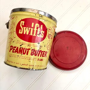 Vintage Swift&#39;s Peanut Butter Tin, Metal Bucket Pail Handle, Beige and Red, Storage Organization, Secrets, Home Decor, Advertising