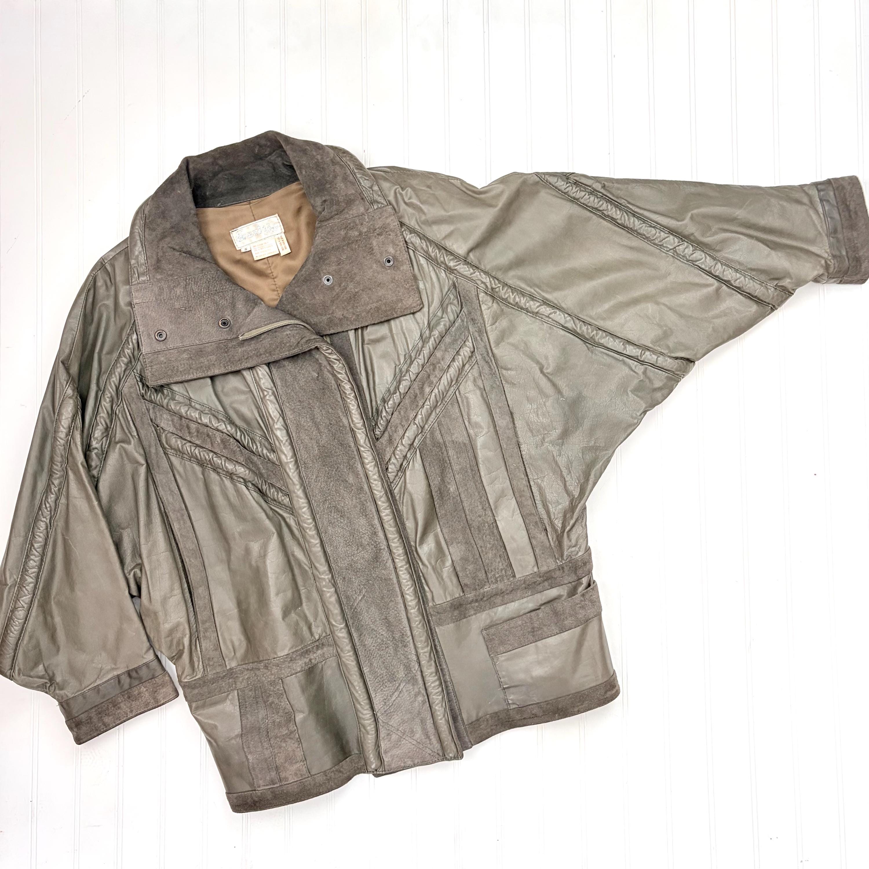 Vintage Olive Green Suede Leather Jacket, 1980s Oversize Style