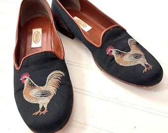 Vintage Talbots Rooster Loafers, Embroidered Black Fabric Slip Ons, Size 7.5 AA