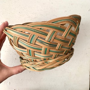 Vintage Braided Rattan Plant Basket, Green, Planter, Woven Boho Home Decor, Plant Holder, Desk Office Storage, Farmhouse, Warm Tones
