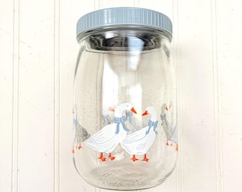 Vintage Glass Goose Storage Jar, Blue Gray Screw on Lid, Polka Dots, Geese, Kitchen Snack Jar, Made in France