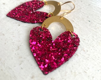 Deep Pink Glitter Heart Earrings on Gold Brass Arcs, Sparkly Faux Leather, Fuchsia Pink, Pendant Drop French Ear Wires, Spread the LOVE