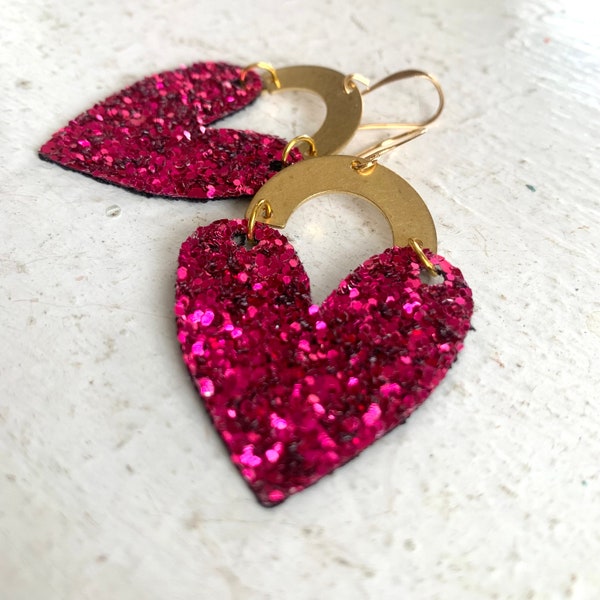 Deep Pink Glitter Heart Earrings on Gold Brass Arcs, Sparkly Faux Leather, Fuchsia Pink, Pendant Drop French Ear Wires, Spread the LOVE