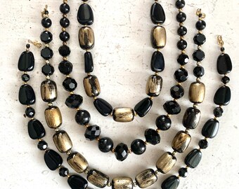 Chic Black and Gold Chunky Necklace Strand, You Choose your Favorite, Vintage and New Jet Black Beads and Crystals, Vintage Gold Spacers