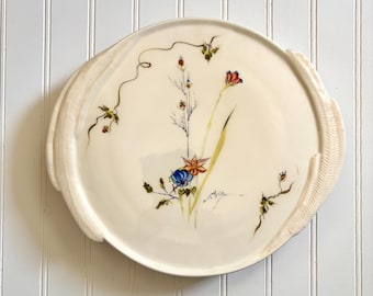 Vintage Barbara Baatz Signed Cake Stand, Flowers, Collectible Art, Footed Ceramic, Extended Handles, Wedding Cake, Blue Orange Green Flowers