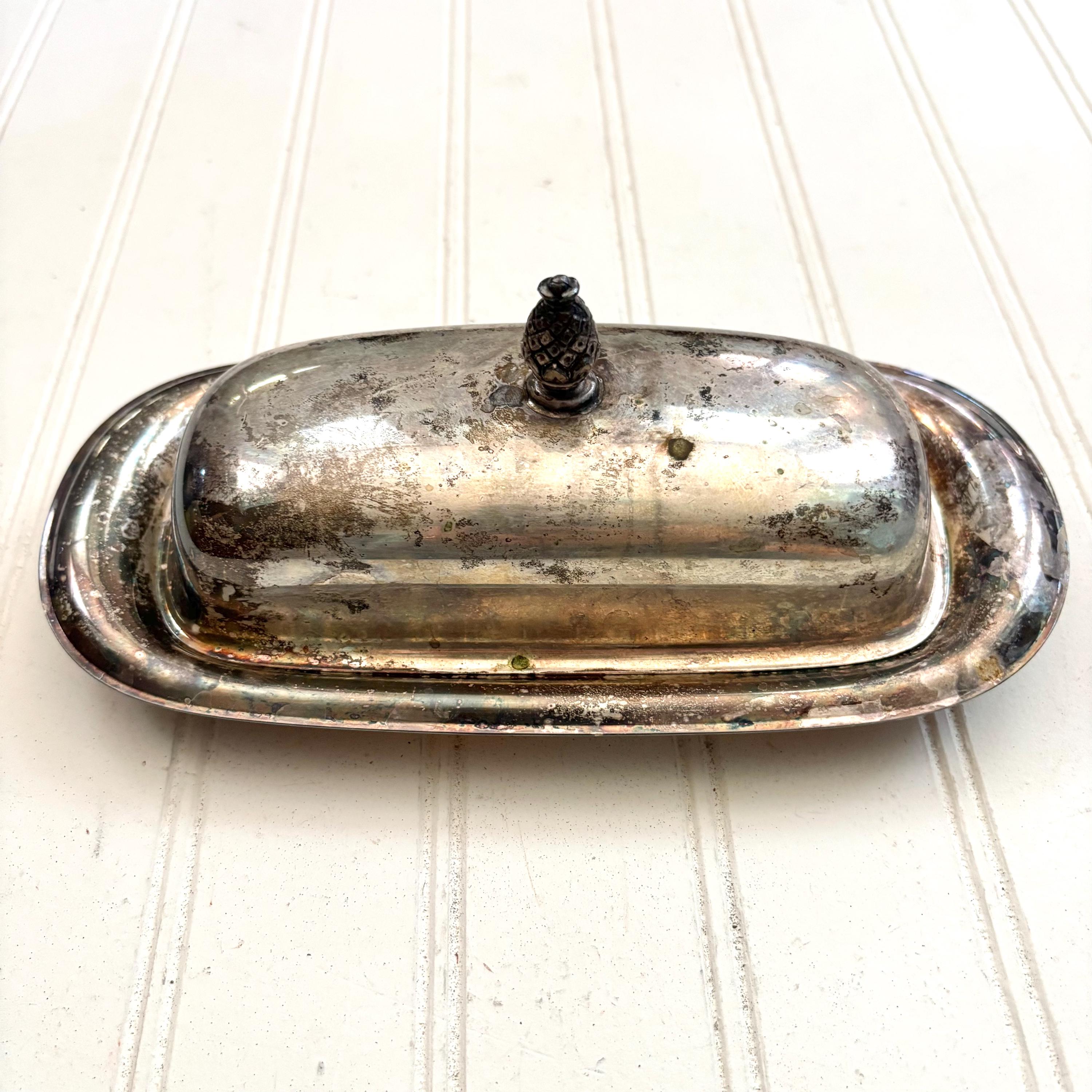 Vintage Silver Plate Butter Dish With Lid, Pineapple Handle, WM