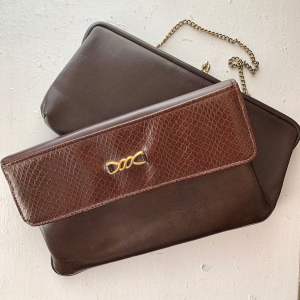 Vintage Chocolate Brown Clutch Purses, Your Choice, Textured Clutch with Gold Metal Medallion or Hideaway Chain Handle with Peach Interior