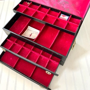 Vintage Large Jewelry Box, 4 Tier, 2 Drawers, Black Faux Leather With Red  Interior, Gold Tone Hardware, Memento Storage, Dresser Top Box - Etsy