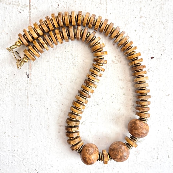 Vintage Chunky Wood Bead Necklace, Tribal Style Statement Jewelry