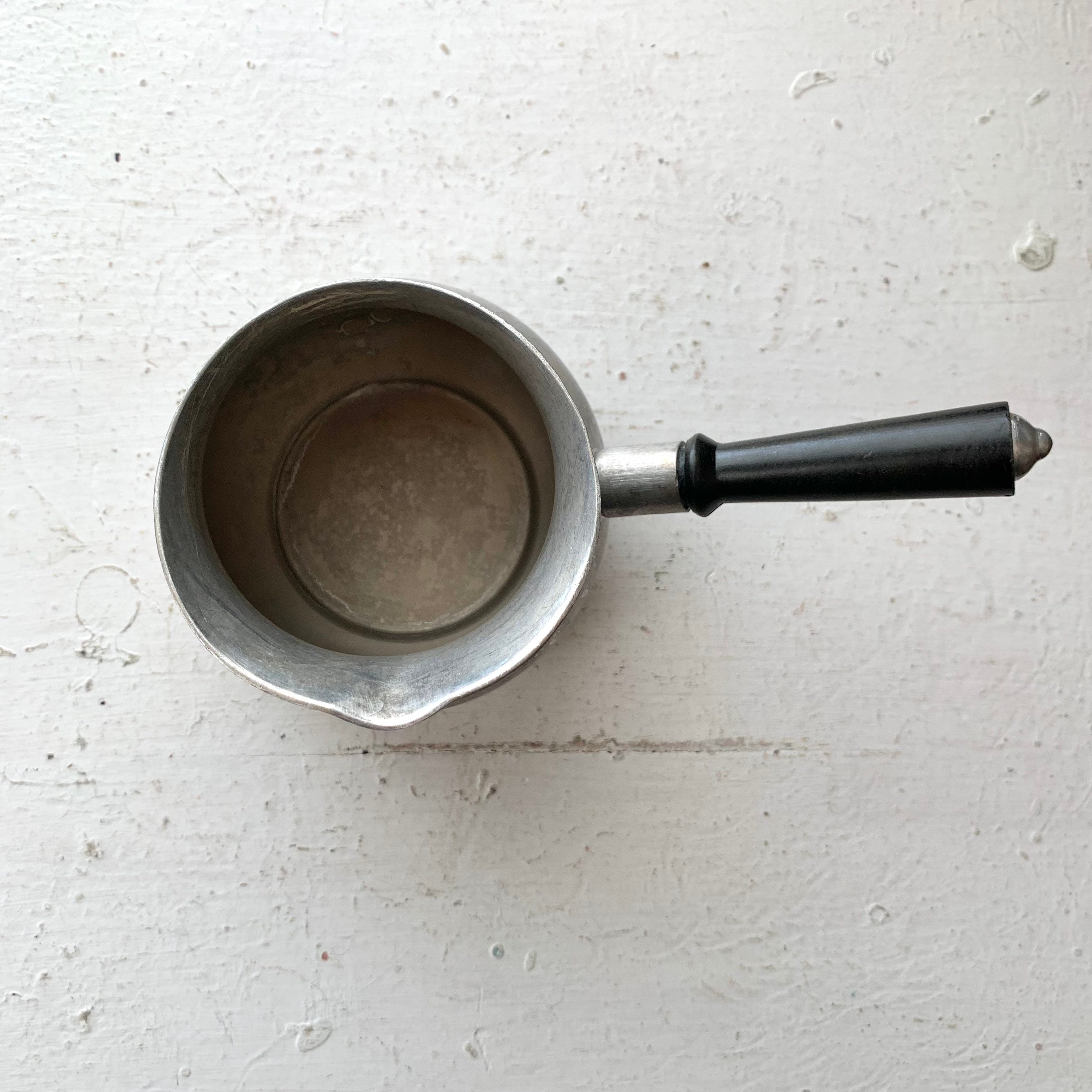 Vintage Aluminum Silver Sauce Pot, MMM Spain, Black Handle Vintage Aluminum Silver Sauce Pot, MMM Spain, Black Handle