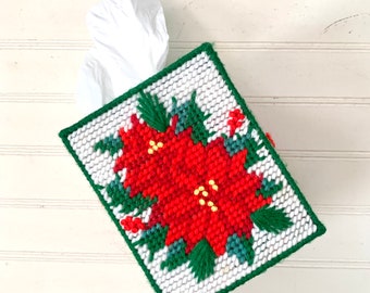 Vintage Poinsettia Christmas Tissue Box Cover, Holiday Home Decor Handmade with Love, Yarn and Plastic Webbing, Stitched with LOVE Red Green